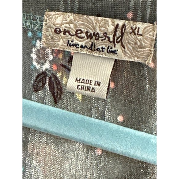 One World sz XL green print tasseled Boho long sleeve ruched cuff shoulder top - Picture 5 of 8